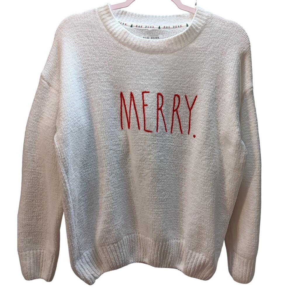 Rae Dunn Christmas Holiday Sweater "Merry" Embroidered in Red Script Size Large